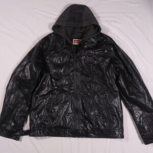 Levi’s Mens Large Black Faux Leather Hooded Trucker Jacket Moto Bomber Coat